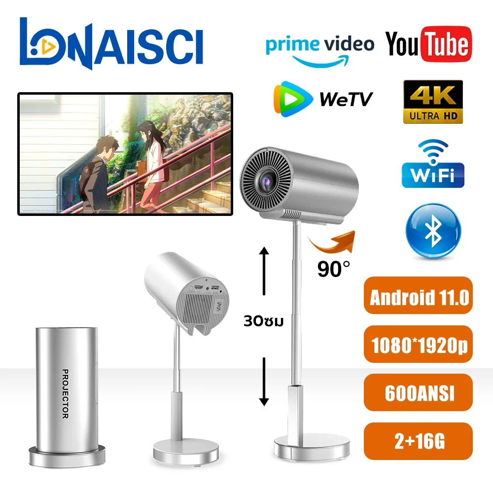LONAISCI TS-3 โปรเจคเตอร์ 4K UHD WiFi Android 11.0 โปรเจคเตอร์มินิ HDMI ประเภทยก แบบพกพา รองรับการแชร์หน้ Mini Projector