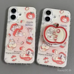 เคสโทรศัพท์สำหรับ iPhone 7 8 x XS XR xsmax 11 12 13 14 15 16 Pro Max PLUS การ์ตูนสีแดงแอปเปิ้ลลูกแมวโยกตัวยึดแม่เหล็กหุ้มทั้งเครื่องกันกระแทกเคสนิ่มเคสป้องกัน unoy