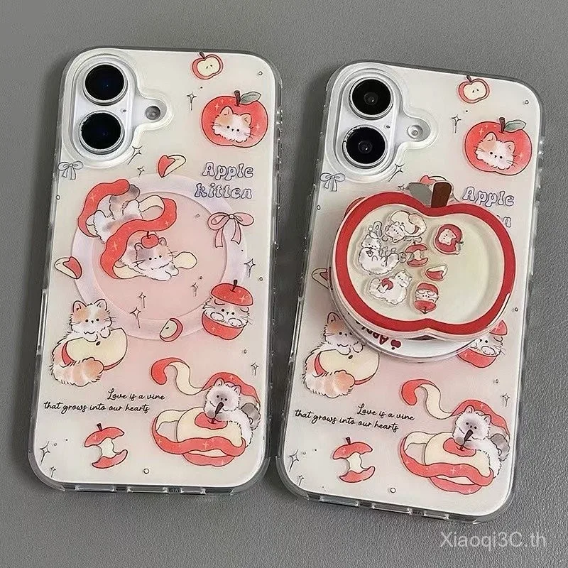 เคสโทรศัพท์สำหรับ iPhone 7 8 x XS XR xsmax 11 12 13 14 15 16 Pro Max PLUS การ์ตูนสีแดงแอปเปิ้ลลูกแมวโยกตัวยึดแม่เหล็กหุ้มทั้งเครื่องกันกระแทกเคสนิ่มเคสป้องกัน unoy