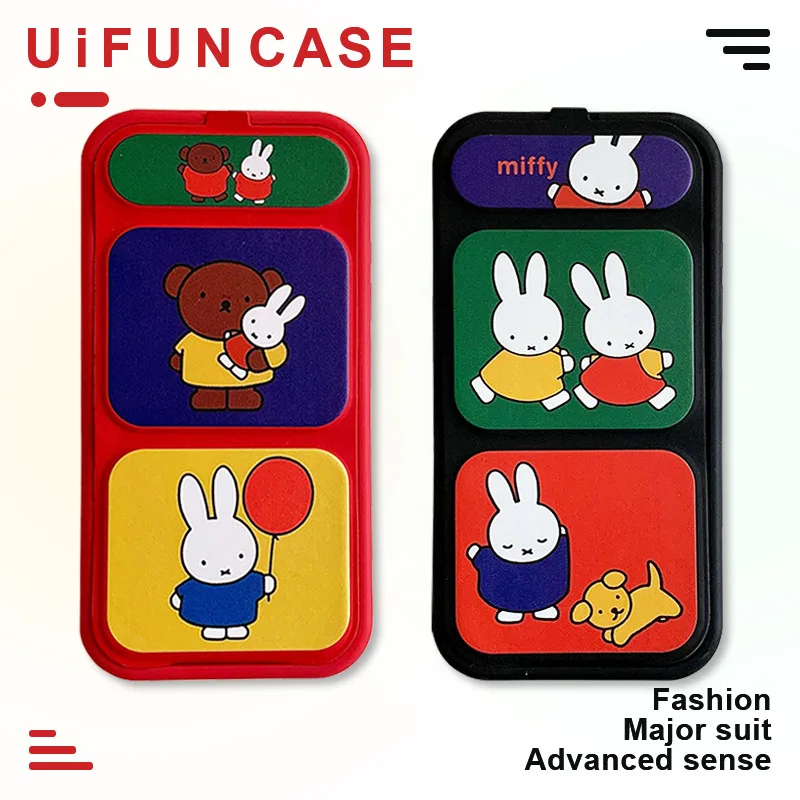 การ์ตูนน่ารักหมี Miffy กระต่ายพับ Kickstand หนังเคสโทรศัพท์สําหรับ iPhone 16 15 14 13 12 Pro Max 11 TPU ปกหลังสกปรกทนปลอก