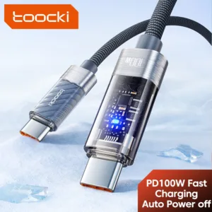 Toocki 100W ประเภท C ถึง Type C สาย LED Quick Charge PD100W USB Type C AL CL CL โปร่งใสอัตโนมัติ Power-Off Data Wire สําหรับโทรศัพท์มือถือแท็บเล็ตแล็ปท็อป