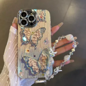 เคส พลอยเทียม ผีเสื้อสีฟ้าสีชมพู ติดฟิล์มเลนส์ นําปลอกโซ่ เคสซีรีส์ไอโฟน เหมาะสําหรับ ไอโฟน 16โปรแม็กซ์ เคส 15โปรแม็กซ์ 14โปรแม็กซ์ 16 15 14 13 12 11กร