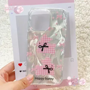 เทรนด์ใหม่กระต่ายน่ารักโบว์สีชมพูจุดขนนกเส้นด้ายคลุม เคสไอโฟน 16 13 11 12 15 14 Pro Max 16 15 7 8 14 Plus XR X XS MAX SE