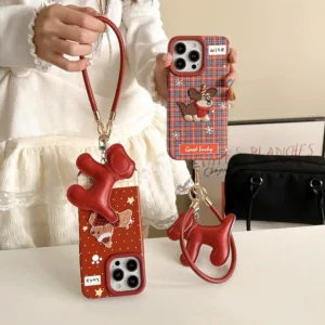 รูปแบบผิวสุนัขปักสีแดงเหมาะสําหรับ แอปเปิล ไอโฟน 16 เคสโทรศัพท์ ไอโฟน 15/14/13/12/11 เชือกเส้นเล็ก อ่อนนุ่ม กรณี
