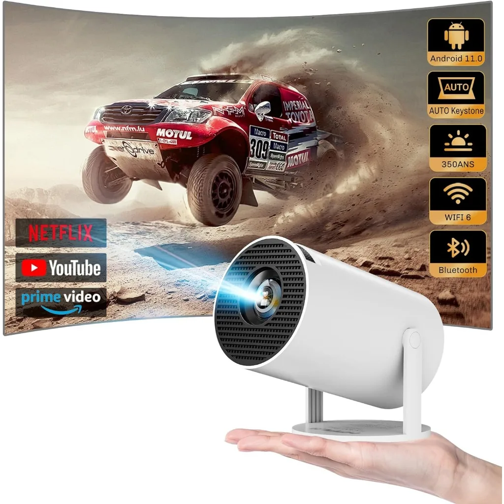 โปรเจคเตอร์พกพา หุ่นยนต์ 11 270° ฟรีการหมุนหน้าจอขนาดใหญ่จอแสดงผล 4K LCD 1080P WIFI คู่พร้อม Bluetooth Netflix/YouTube/IPTV
