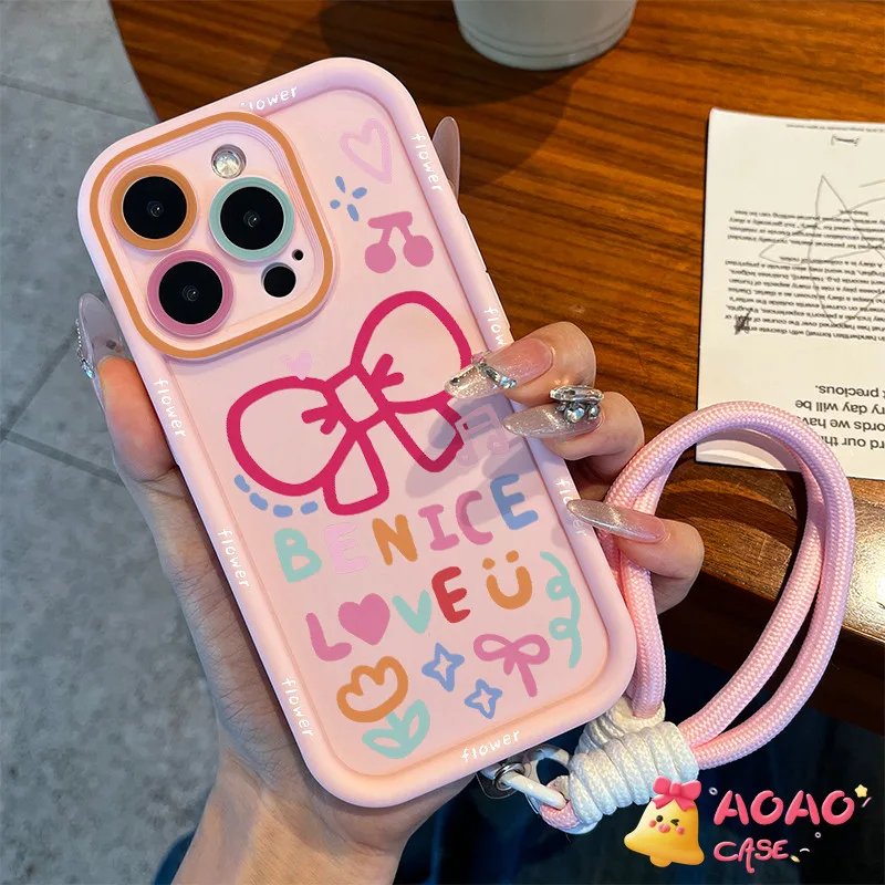 เคสไอโฟน 11 16 สำหรับ iPhone 15 13 11 16 12 14 Pro Max 7 16 15 14 8 Plus XR X XS Max SE 2020 ฝาสร้อยข้อมือกราฟฟิตีหวาน