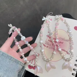 1 ชิ้นจี้โทรศัพท์มือถือลูกปัดอะคริลิคสีชมพู INS สายรัดข้อมือป้องกันการสูญหายพวงกุญแจผู้หญิงน่ารัก DIY มุกแขวนโซ่หูฟังกล้องเชือกเส้นเล็กสําหรับ iPh Samsung