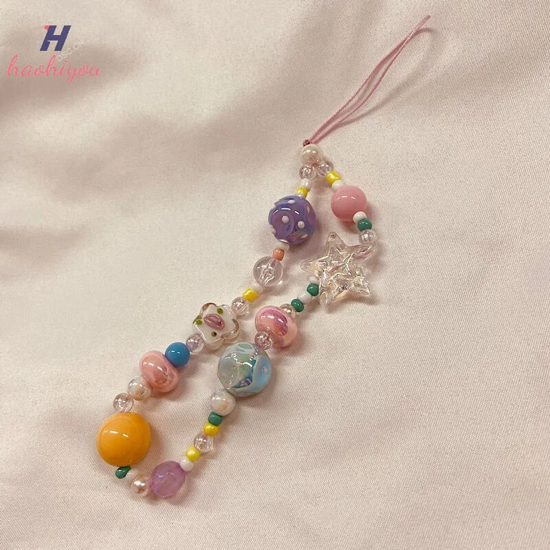 Creative DIY ลูกปัดที่มีสีสันโทรศัพท์โซ่ Anti-los สายคล้องโทรศัพท์ Charm จี้น่ารักเชือกเส้นเล็กสําหรับสาวสายรัดข้อมือโทรศัพท์มือถือ Kechain Nice