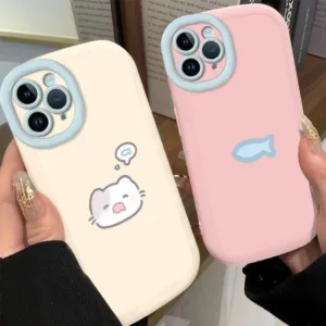 ใช้งานร่วมกับสําหรับ iPhone 16 15 14 13 12 11 Pro MAX X XR XS MAX 7 8 Plus INS น่ารักและสนุกการ์ตูนแมวปลาคู่เคสโทรศัพท์ปกอ่อน