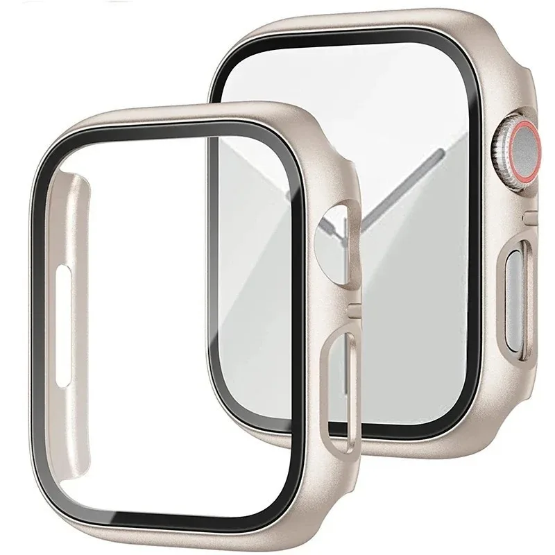 กระจกนิรภัย + ฝาครอบ PC กันชนป้องกันหน้าจอสําหรับ Apple Watch Series 9 8 7 6 5 4 3 iWatch 45 มม.41 มม.44 มม.40 มม.42 มม.38 มม.