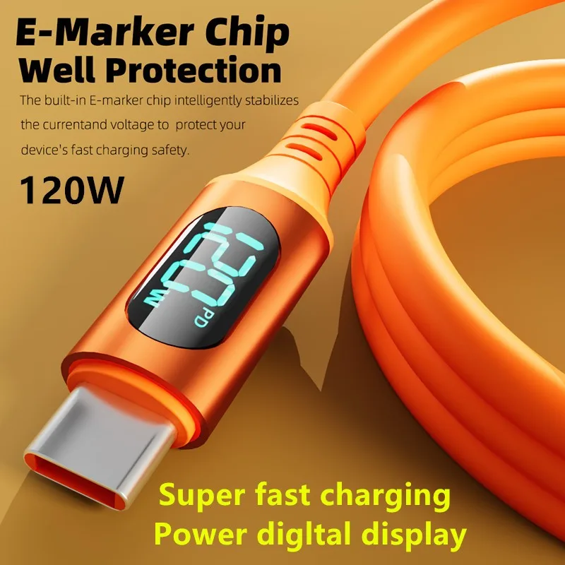 120W 6A USB to Type C Type-C T0 C สายเคเบิลข้อมูลดิจิตอลจอแสดงผล QC PD Fast Charger สายเคเบิลข้อมูลสำหรับ Apple Huawei