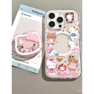 เคสโทรศัพท์สำหรับ iPhone 7 8 x XS XR xsmax 11 12 13 14 15 16 Pro Max PLUS น่ารักสีชมพู ktcat โยกตัวยึดแม่เหล็กเคสนิ่มกันกระแทกเคสป้องกันเคสแม่เหล็ก debz