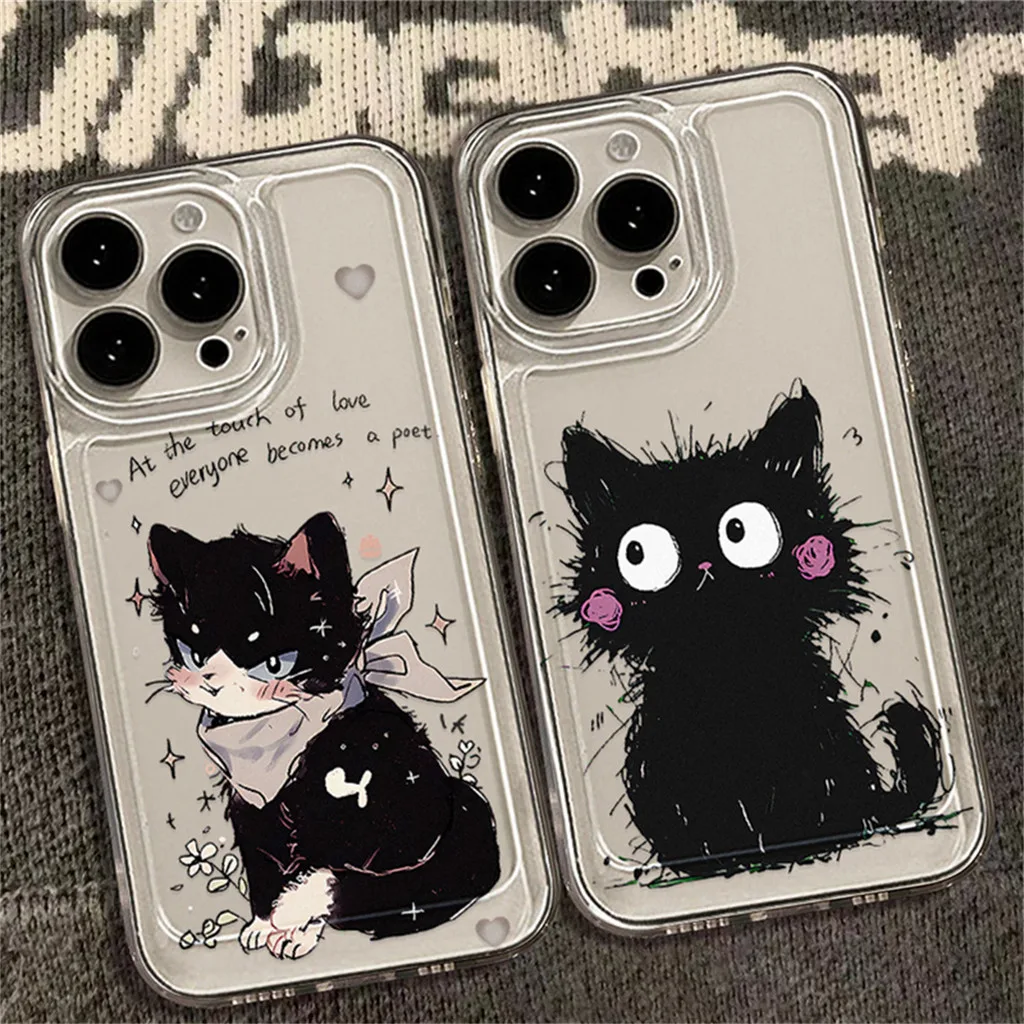 เคสไอโฟน สําหรับ iPhone 11 13 14 12 15 16 Pro Max 15 8 7 14 Plus X XR XS Max แมว กันกระแทกนุ่ม การป้องกันเลนส์