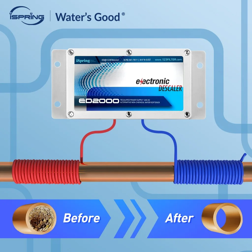 Ispring ED2000 ทั้งบ้านน้ําอิเล็กทรอนิกส์ Descaler ครีมนวดผมทางเลือกอิเล็กทรอนิกส์ปราศจากเกลือ Hard Water Conditioner ช่วยลด Limescale ป้องกันเงินฝากสร้าง