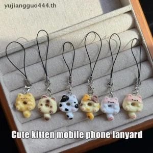 #yu # 1pc DIY อุปกรณ์เสริมแมวคุกกี้โทรศัพท์ Charm สายคล้องนุ่ม Kawaii Kitty คู่พวงกุญแจจี้น่ารัก Lanyard Keycord.