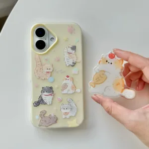สต๊อคไทย พร้อมส่ง #เคสไอโฟน iphone 12-16Promax  เคสสองชั้นลายแมวเหลือง+holder