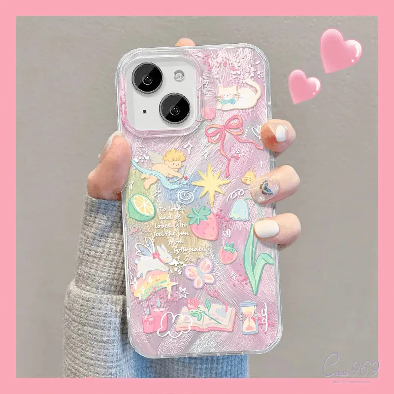 โรแมนติกโบว์สตรอเบอร์รี่โบว์ เคสไอโฟนน่ารัก สำหรับ IPhone 7Plus 12 15 16 11 13 14 Pro Max 7 8 15 Plus XR X XS Max SE