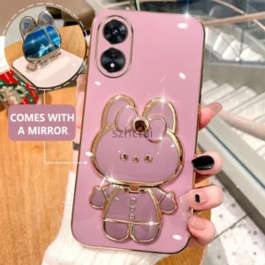 โทรศัพท์มือถือชุบหรู OPPO A79 A18 A38 A58 A78 A98 น่ารักรูปกระต่ายกรณีโทรศัพท์กับ 360 องศาหมุนผู้ถือกรณีกับกระจกเครื่องสำอาง เคส OPPO A79 A18 A38 A58 A78 A98