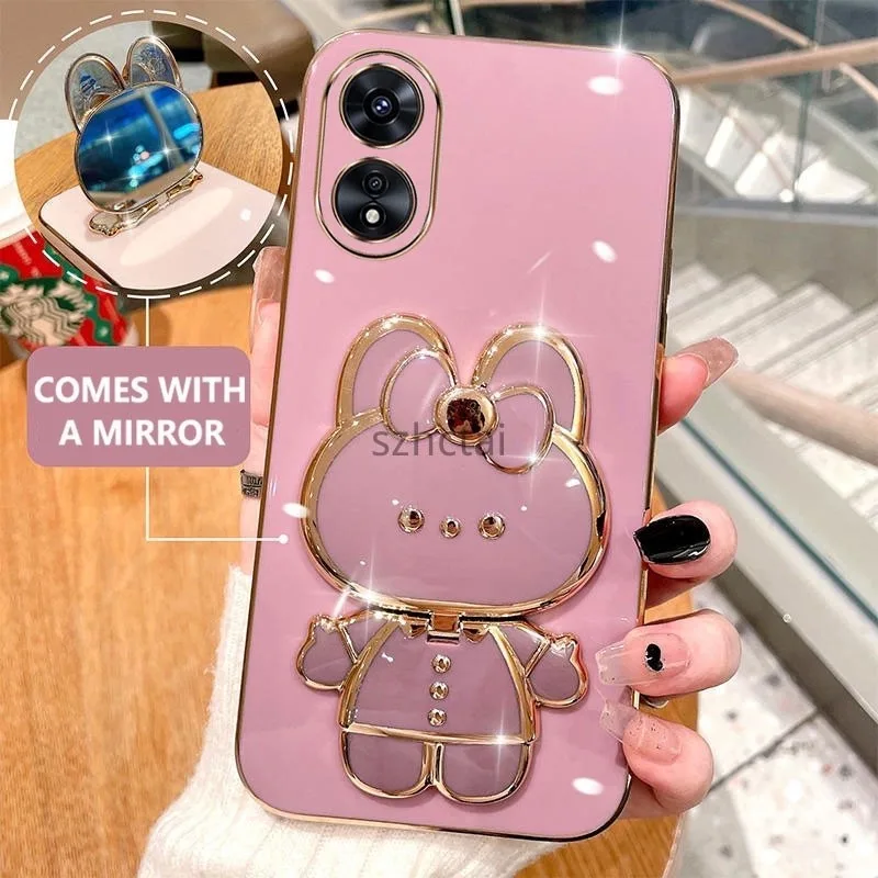 โทรศัพท์มือถือชุบหรู OPPO A79 A18 A38 A58 A78 A98 น่ารักรูปกระต่ายกรณีโทรศัพท์กับ 360 องศาหมุนผู้ถือกรณีกับกระจกเครื่องสำอาง เคส OPPO A79 A18 A38 A58 A78 A98