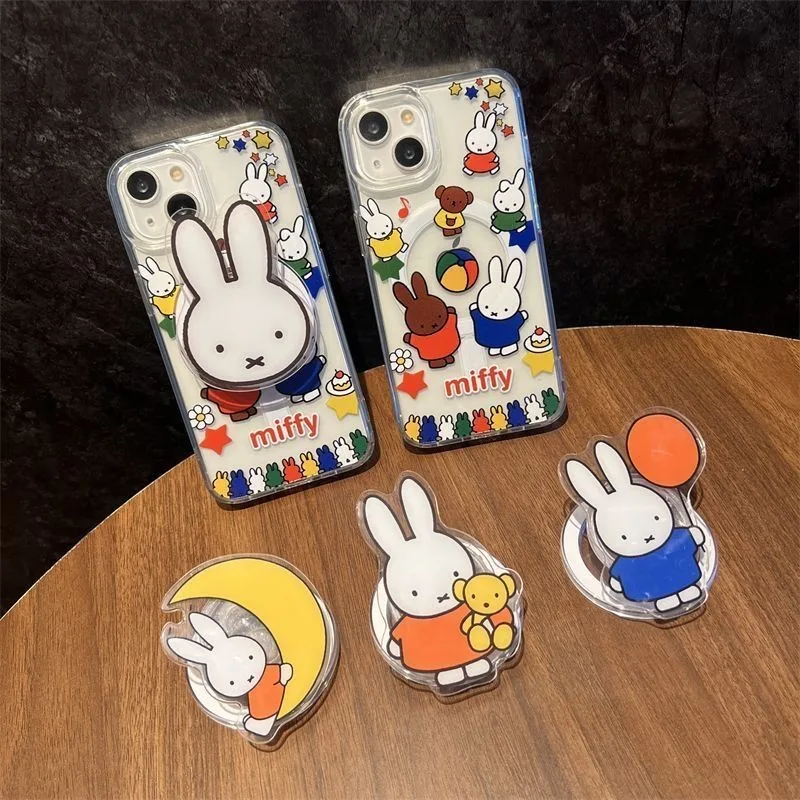 น่ารักน่ารัก Miffy กระต่ายครอบครัวขาตั้งแม่เหล็กโทรศัพท์แม่เหล็ก Griptok Grip Tok ขาตั้ง iPhone 16 Pro Max Samsung Griptok Grip Tok Stand Case Holder แหวน Mount