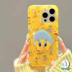 น่ารักการ์ตูนเป็ดสีเหลืองกรณีโทรศัพท์ที่มีวงเล็บสําหรับ ไอโฟน 16 15 14 13 มือโปร สูงสุด กันกระแทกฮาร์ดป้องกันปกหลัง
