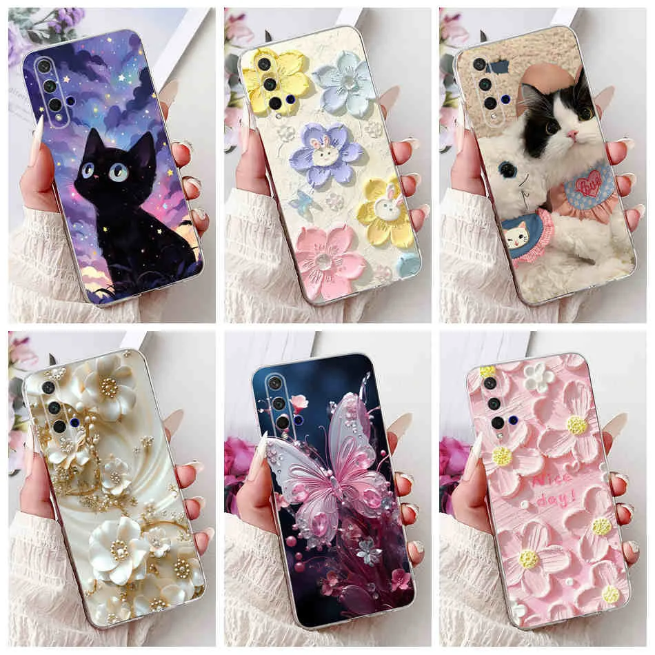 สําหรับ Huawei Nova 5T YAL-L21 YAL-L61 แมวน่ารักผีเสื้อดอกไม้รูปแบบปลอก Nova5T ซิลิโคนนุ่ม TPU เคสโทรศัพท์