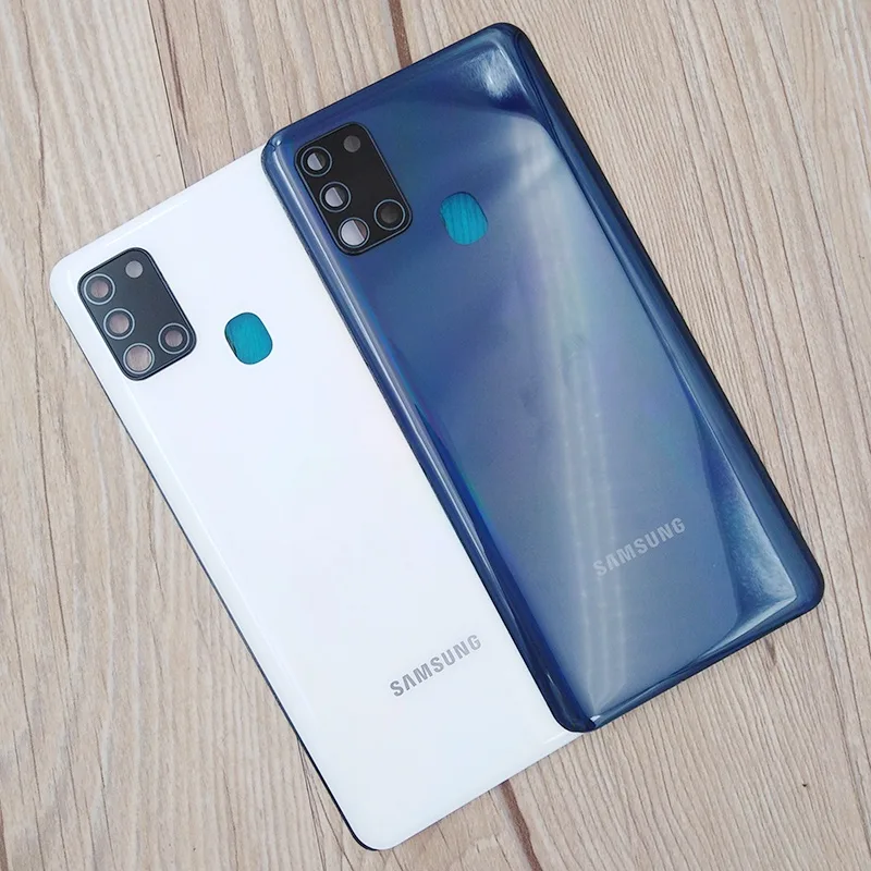สําหรับ Samsung Galaxy A21S A217 A217F ฝาหลังแบตเตอรี่ด้านหลังประตูเปลี่ยนกรณีอะไหล่ซ่อมพร้อมเลนส์กล้อง + โลโก้