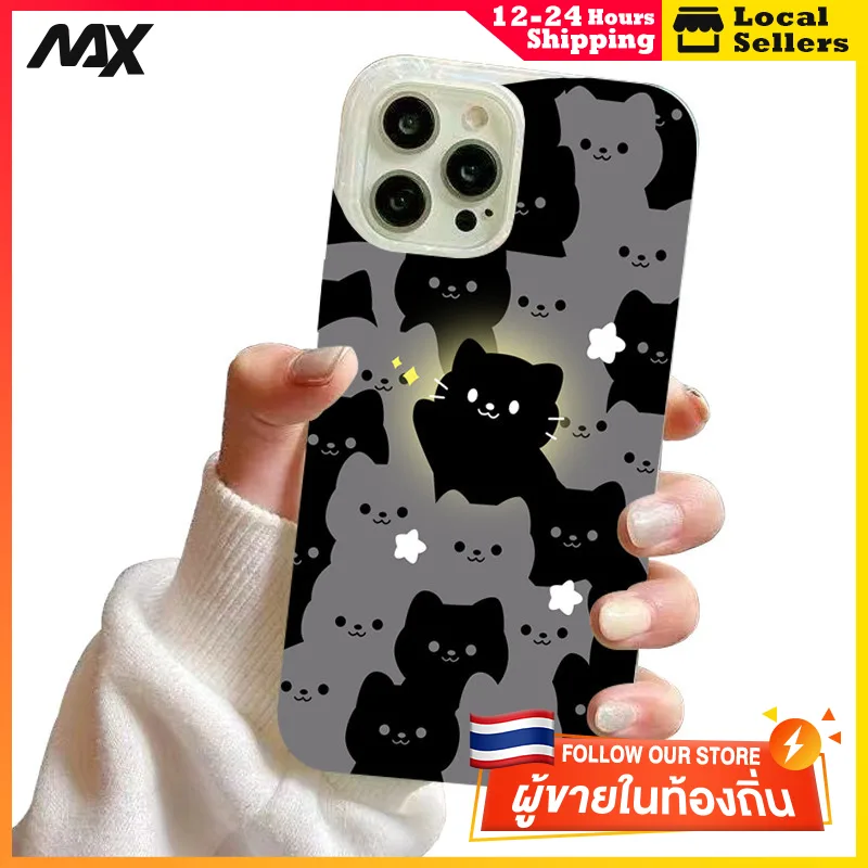 เคสไอโฟน13 กรณีเชลล์รูปแบบกระดาษแข็ง ลูกแมวเรืองแสง for IPhone 13 15 7Plus 14 12 11 Pro MAX 8 6 7 6S Plus X XR XS