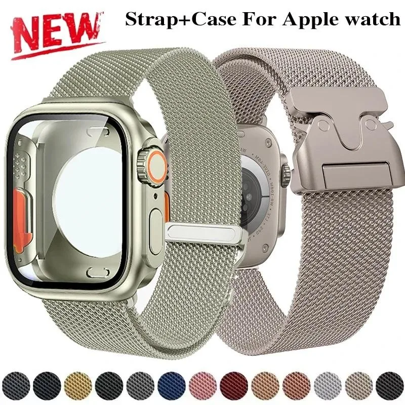 Strap + กรณีสร้อยข้อมือ Milanese ฝาครอบกันชนสําหรับ Apple watch S10 42 มม.41 40 44 45 46 มม.เปลี่ยน Ultra iWatch Series 10 8 9 7 6