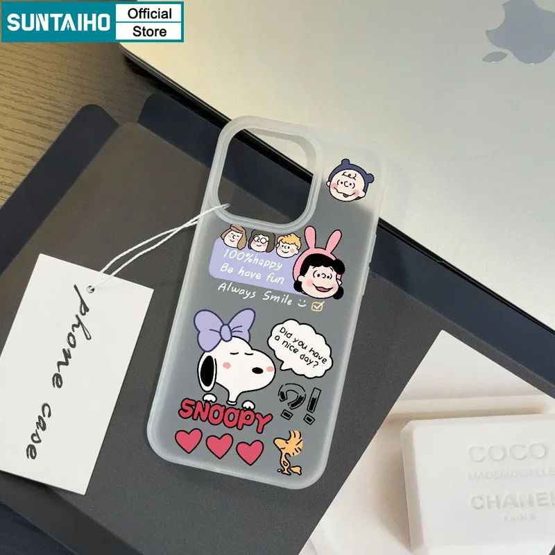 Suntaiho สวยน่ารัก Snoopy รูปแบบ Clear Frosted สําหรับ Iphone 16 15 14 12 13 11 Pro Max IP 7 8 Plus Iphon X Xs XR Xs Max TPU ซิลิคอนนุ่มพรีเมี่ยมกันกระแทกปกหลัง
