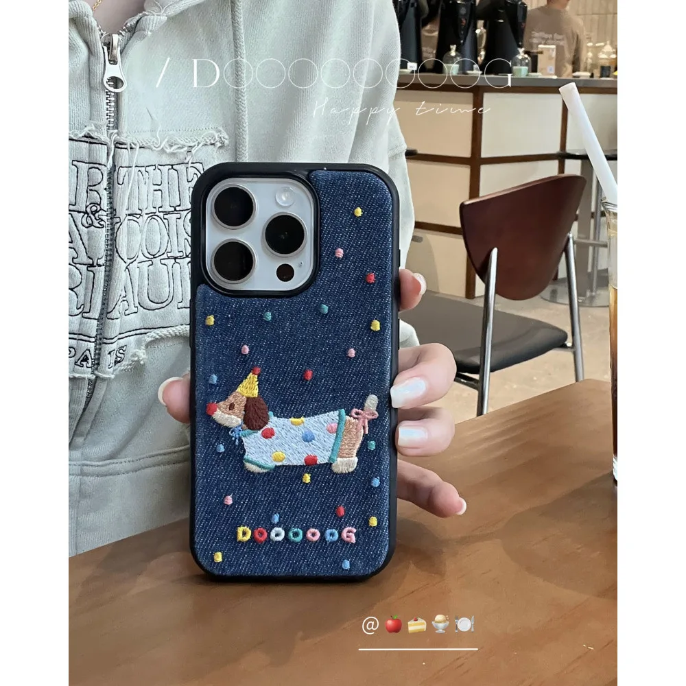 สีสันลายจุดไส้กรอกสุนัขยีนส์ปักเคสโทรศัพท์สําหรับiphone 11 12 13 14 15 16 Pro Max Plus Anti fall hard CoverสําหรับiPhone16Promaxกรณี