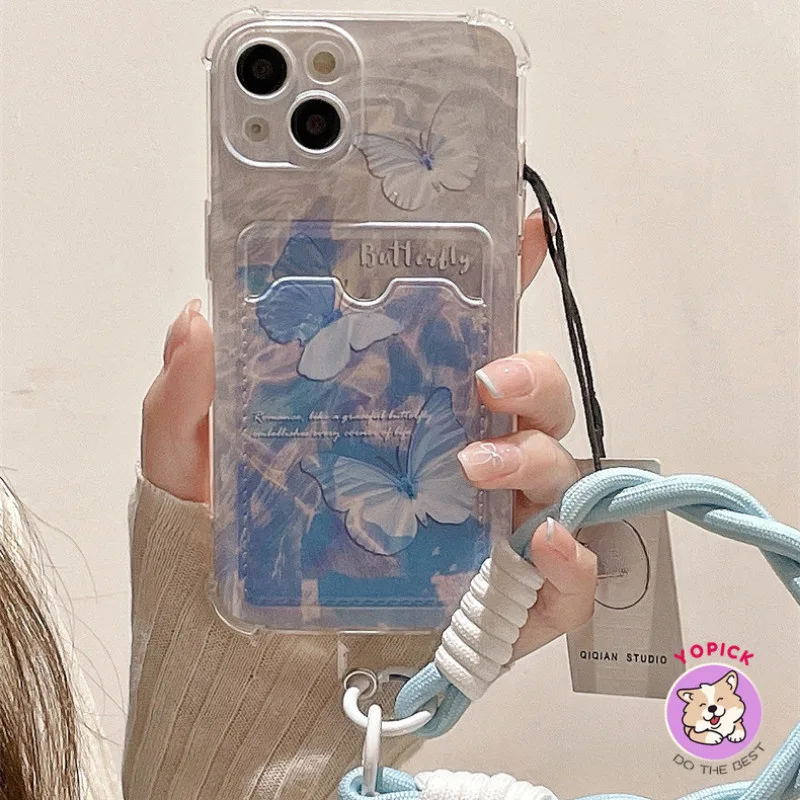 สายรัดข้อมือผีเสื้อสีฟ้าสําหรับ IPhone 15 16 Pro Max เคสโทรศัพท์ 11 12 13Mini 13Pro Max 14Plus XR XS Max 6 7 8 Plus SE2020 การ์ดฝาครอบโทรศัพท์โซ่แขวนเชือก KB