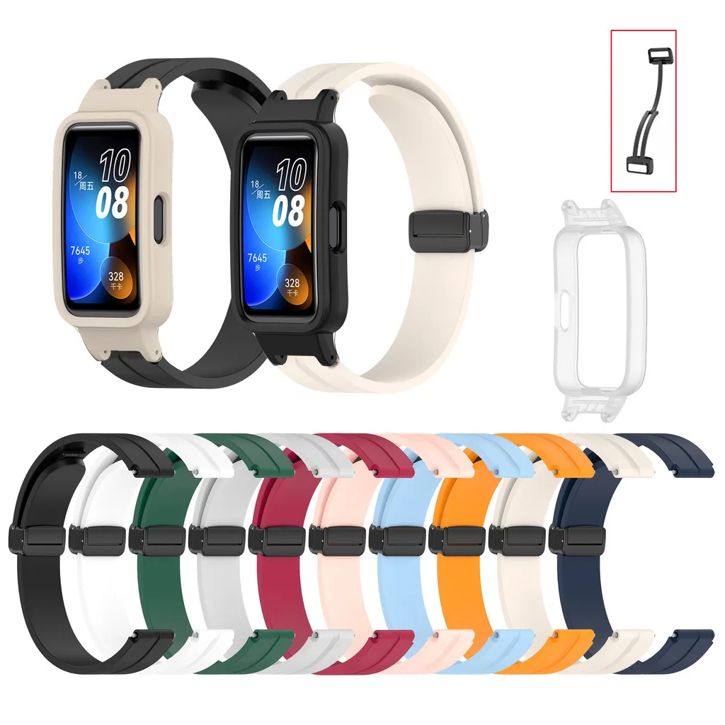 สายรัดหัวเข็มขัดแม่เหล็กซิลิโคน + เคสสําหรับ หัวเว่ย วงดนตรี 8 9 เอ็นเอฟซี สีลูกกวาดนุ่มสายนาฬิกาสร้อยข้อมือกีฬาห่วงปก