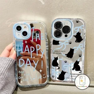 เคสไอโฟน 16 มีความสุข โชคลาภ แมวดำ สำหรับ เคส IPhone 16 14 12 13 11 15 Pro Max 7 8 Max XR X XS Plus SE พื้นผิวกระจก เคส