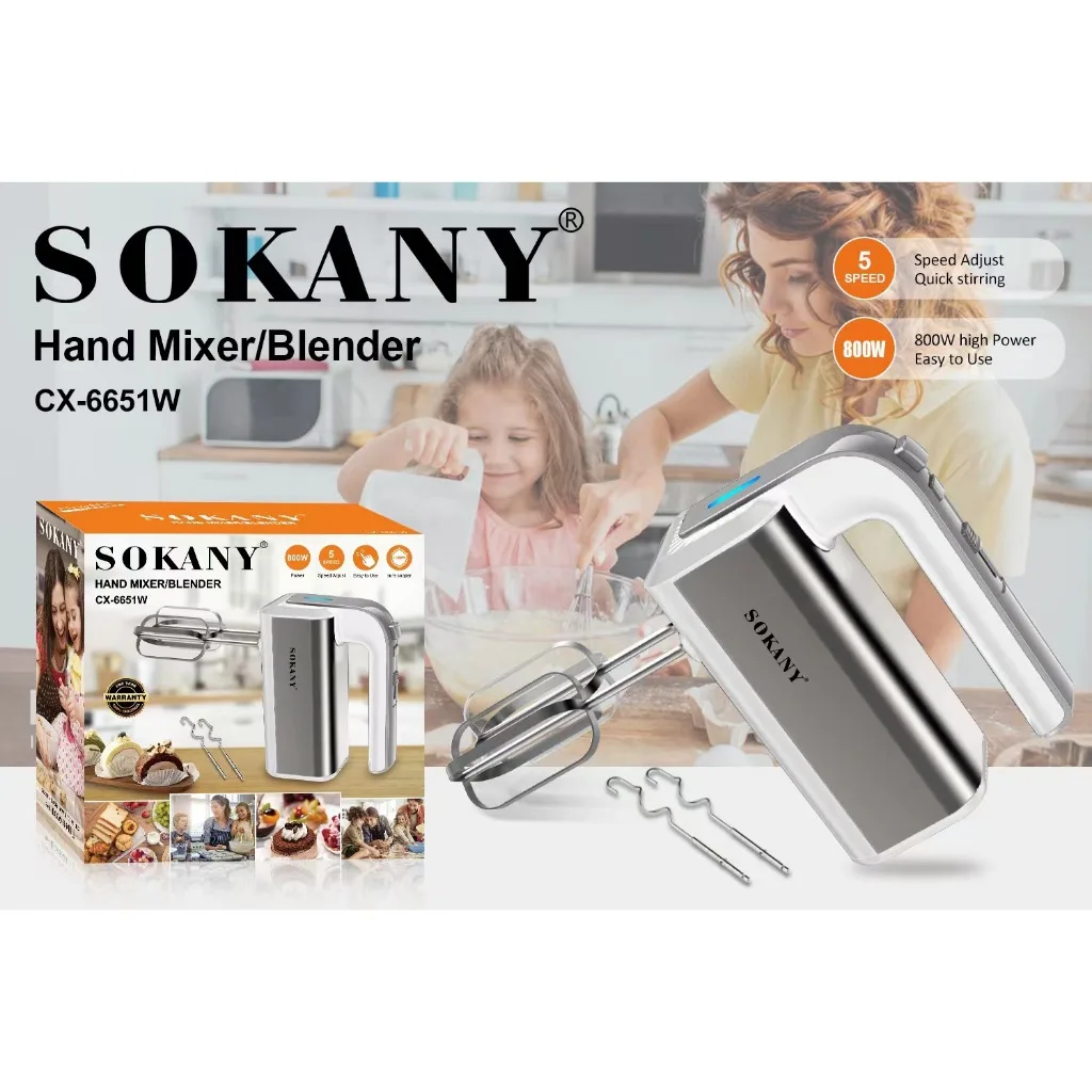 SOKANY 800W เหล็กกล้าไร้สนิม เครื่องผสมอาหาร เครื่องตีไข่ 5 ปรับความเร็ว หัวคนสองหัว