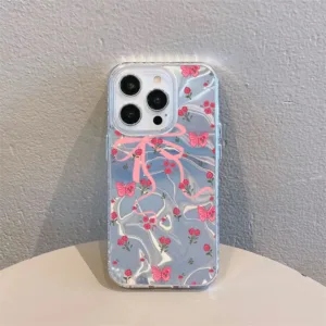 เต็มหน้าจอ ผีเสื้อสีชมพู กันได้เคสไอโฟน 16 11 13 15 12 14Pro Max XR 16 8 7Plus X XS Max SE หวานรักหัวใจเงาลูกฟูกเคส