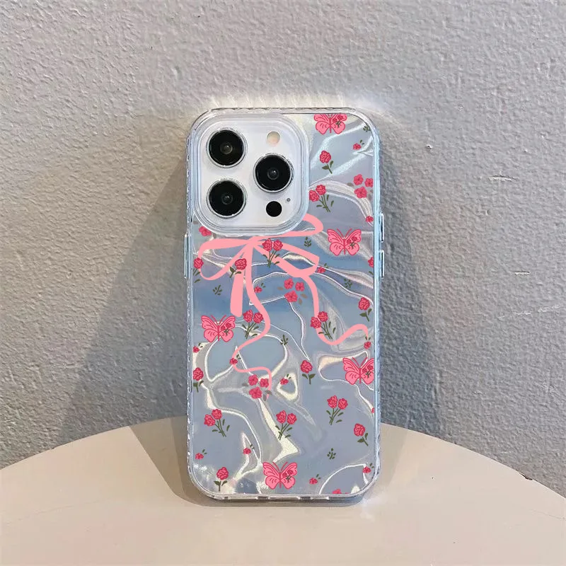 เต็มหน้าจอ ผีเสื้อสีชมพู กันได้เคสไอโฟน 16 11 13 15 12 14Pro Max XR 16 8 7Plus X XS Max SE หวานรักหัวใจเงาลูกฟูกเคส
