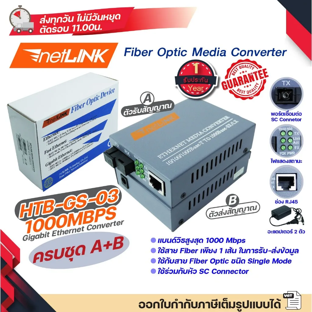COD ( แพค 1 คู่ ) Netlink Media Converter 10/100/1000 MBPS HTB-GS-03 (A/B)-20KM Single-mode Single-fiber WDM RJ45