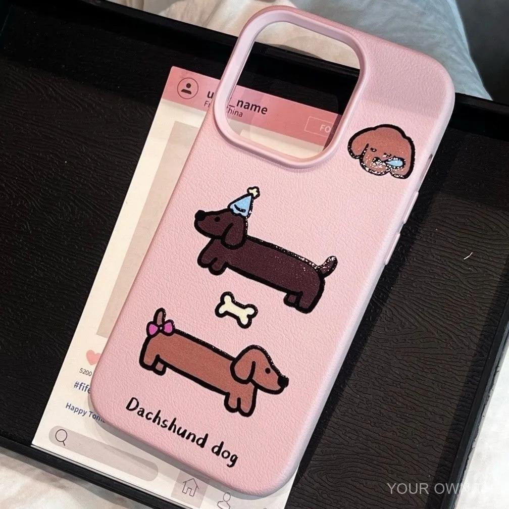 เคสโทรศัพท์สไตล์หนังทนทานสำหรับสุนัขพันธุ์ดัชชุนด์สีชมพูสำหรับสาวๆเข้ากันได้กับ iPhone หลากหลายรุ่น: iPhone 11