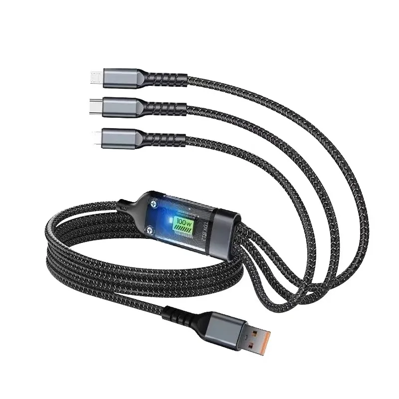 สายชาร์จ 3 in 1 สาย usb 100w charger for iPhone ชาร์จ Android ที่ชาร์จ USB to TypeC Charger Cable Black