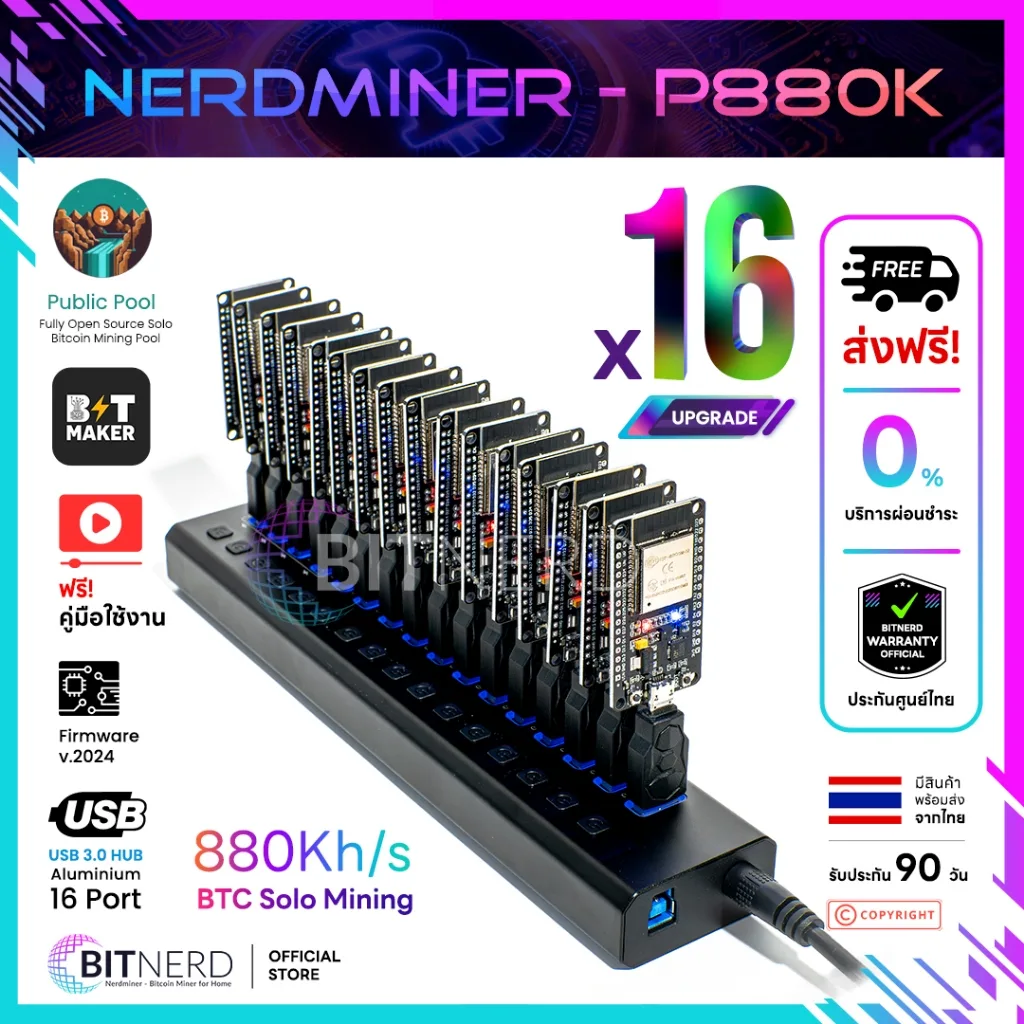 เครื่องขุดเหรียญ Solo Bitcoin การ์ด Nerdminer ESP32 พร้อม Hub Premium แรงขุด 275-880 KH/s ไม่มีเสียงรบกวน ประหยัดพลังงาน