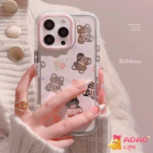 เคสไอโฟน15 สำหรับ iPhone 16 11 13 15 14 12 Pro Max 7 8 16 Plus XR XS X Max ดอกไม้สดฤดูใบไม้ผลิหมีน่ารักทำขึ้นกระจกปกอ่อน