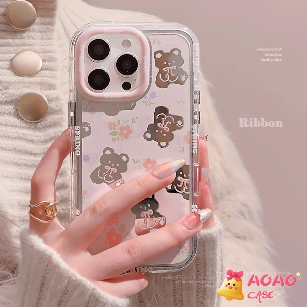 เคสไอโฟน15 สำหรับ iPhone 16 11 13 15 14 12 Pro Max 7 8 16 Plus XR XS X Max ดอกไม้สดฤดูใบไม้ผลิหมีน่ารักทำขึ้นกระจกปกอ่อน