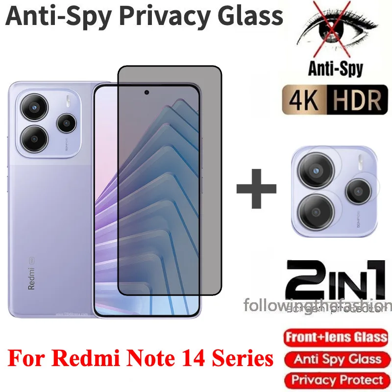 คลุมทั้งหมดหน้าจอโค้งส่วนตัวกระจกนิรภัยสําหรับ Redmi หมายเหตุ 14 4G Note14 14Pro Pro 5G Protector Anti Peek ความเป็นส่วนตัวป้องกันหน้าจอกลับกล้องเลนส์ป้องกันฟิล์ม