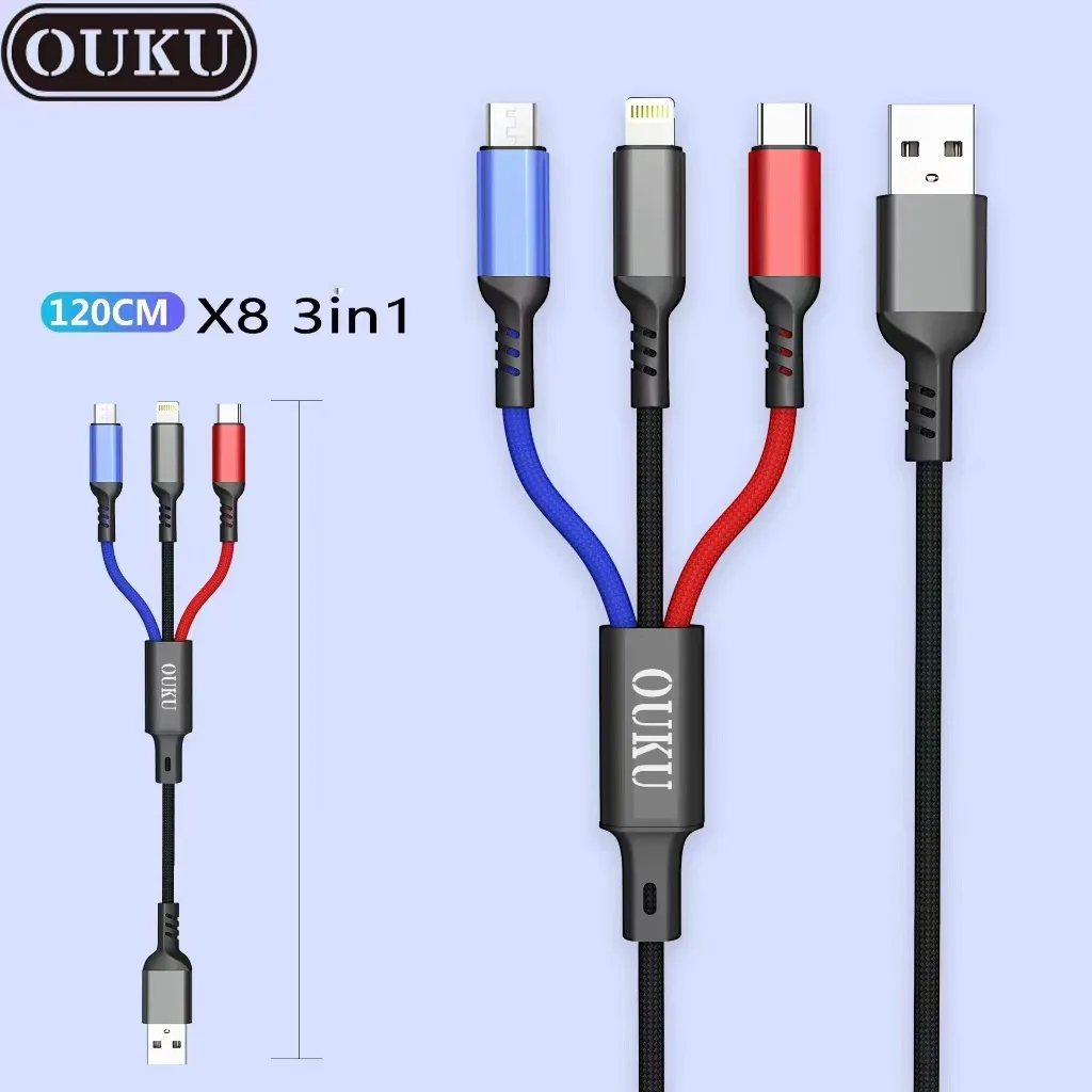 OUKUx8 สายชาร์จเร็ว 3-in-1 ชาร์จเร็ว 5A สายชาร์จ 3 หัว USB to type c ip usb ของแท้สายชาร์จเร็ว 1.2M