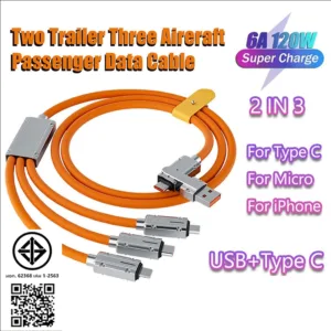 สายชาร์จเร็ว 3 IN1 สายชาร์จโลหะผสมสังกะสี 6A 120W 2 ถึง 3 ชาร์จเร็ว USB-A เป็น Type-C สําหรับโทรศัพท์ แท็บเล็ต