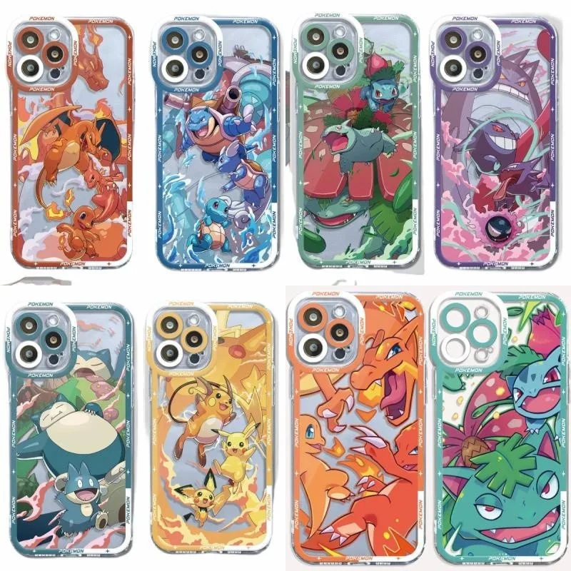 เคสโทรศัพท์สําหรับ Iphone 15 Pro Max 11 12 13 14 Pro Max โทรศัพท์มือถือกรณี Bulbasaur Pokemon Pikachu Gengar Eevee Charizard Squirtle นุ่ม Clear Square Angel Eyes TPU รูปแบบ