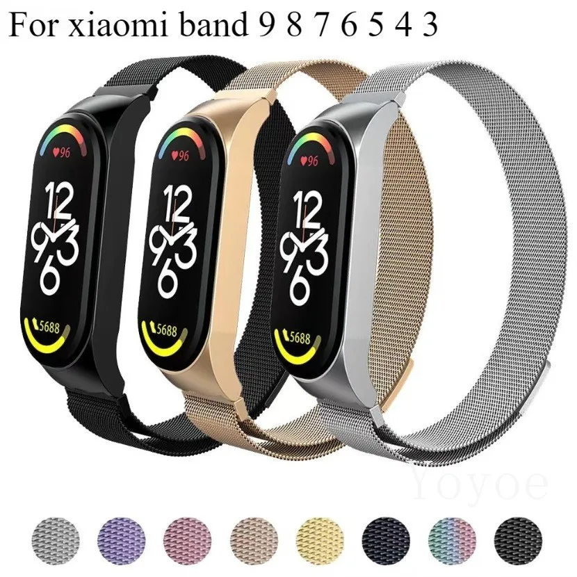 Milanese Loop Strap สําหรับ Xiaomi mi band 9 8 7 6 Correa mi band 4 สแตนเลส metel สร้อยข้อมือสําหรับ Xiaomi mi band 5 3 4 6 7