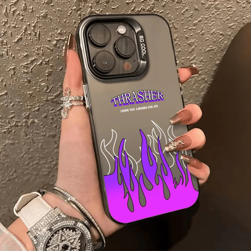 โลหะชุบโลหะด้วยไฟฟ้า ไอโฟนรูปแบบไฟสีม่วงfor 11 iPhone 12 13 14 15Pro MAX X XS XR 7 8Plus เคสโทรศัพท์