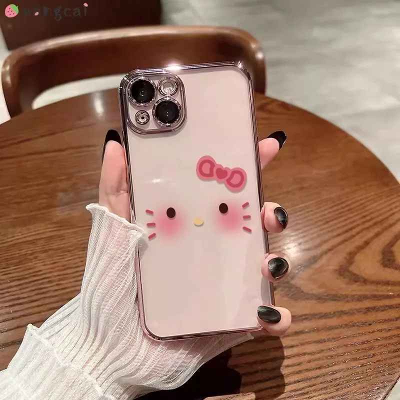 สําหรับ OPPO A60 A3 A2 A1 Pro 5G A2M A1s A1x A1i เคสโทรศัพท์น่ารัก Hello Kitty HelloKitty Cat Bowknot สีชมพูการ์ตูนชุบหรูหราโปร่งใสซิลิโคนนุ่มกรณีฝาครอบ